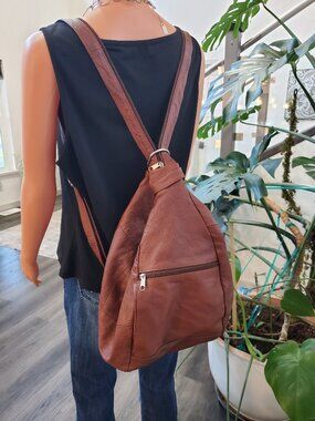 Vintage Y2K Brown Leather Slouchy Hobo Backpack Sling Shoulder Bag Purse